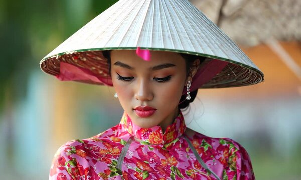 Elegant Vietnamese woman wearing traditional floral ao dai and straw hat in cinematic daylight portrait, capturing timeless beauty, cultural heritage, and graceful national fashion storytelling.