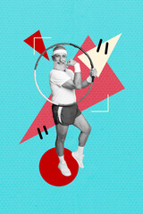 Banner trendy collage image of funny old man twist hula-hoop sportive healthy lifestyle slimming...