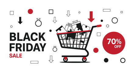 Black Friday Sale illustration Shopping cart overflowing with gifts 70 off promotion