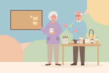 Elderly couple proudly showcasing natural sustainable products in jars ecofriendly lifestyle