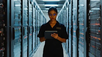 Data center technician managing servers using tablet for network performance, ensuring security and optimal operation with modern technology solutions - Powered by Adobe