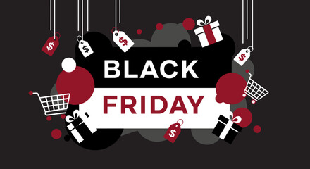 Black Friday sale banner with shopping icons price tags and gift boxes on dark background