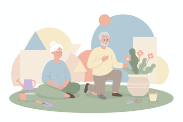 Peaceful senior couple enjoys gardening at home a relaxing hobby for healthy aging and leisure