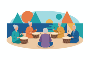 Seniors playing drums together outdoors fostering community and joyful rhythm