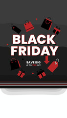 Black Friday sale banner with shopping bags gift boxes and price tags Great savings