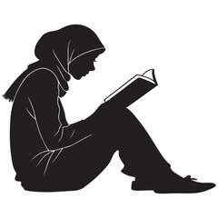 Silhouette of a woman in hijab reading a book isolated on white background, representing education and empowerment
