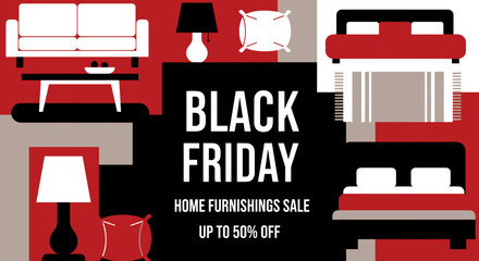 Black Friday Home Furnishings Sale graphic banner with modern furniture icons
