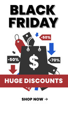 Black Friday huge discounts with shopping bag price tags and arrows for big savings and sales