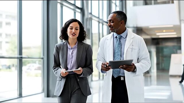 Smiling diverse medical doctor and businesswoman walking discussing technology in modern hospital