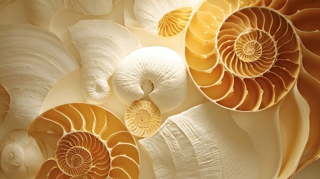 Nautilus shells reveal geometric spiral patterns and chambers.