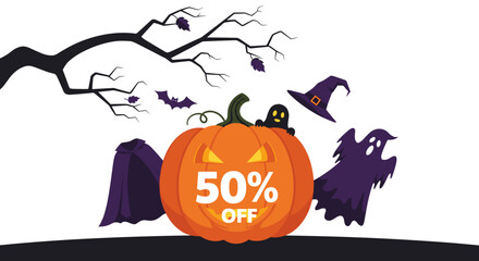 Halloween 50 OFF sale graphic with a carved pumpkin ghosts bats and witch hat on a spooky background Seasonal promotion