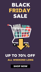 Black Friday Sale with shopping cart bags and gifts Up to 70 off for retail savings