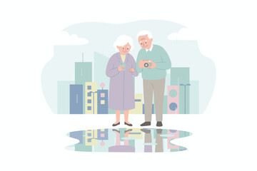 Senior couple exploring city comparing smartphone and vintage camera on a rainy day