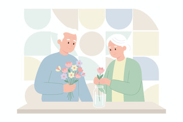 Elderly couple happily arranging flowers embodying love togetherness and peaceful senior lifestyle