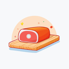 Pixelated Render of a Cut of Meat on a Wooden Cutting Board with Decorative Elements in a Light Background