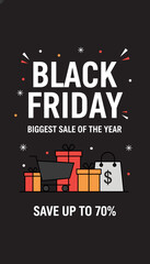Black Friday sale banner with shopping cart gift boxes and savings percentage