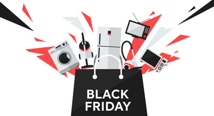 Black Friday shopping bag explosion with home electronics and appliances on sale