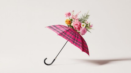 An umbrella with a pink plaid pattern and flowers 