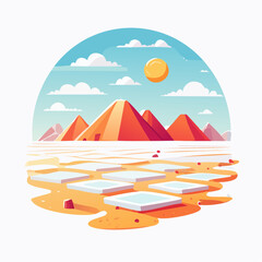 Obraz premium Stylized Desert Landscape with Pyramids and Ice Floes Under a Sunny Sky