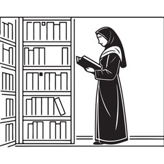 Silhouette of a woman in hijab reading a book in a library isolated on white background, representing knowledge