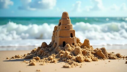 A sandcastle crumbles dramatically as a wave crashes in, leaving behind a funny, lopsided mess The perfect image for summer fun and unexpected vacation moments , crumbling, sky