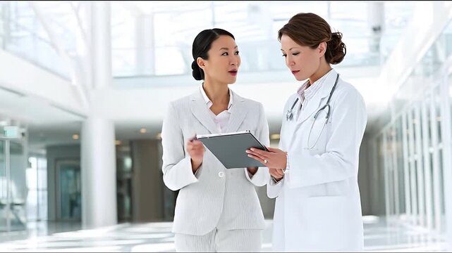 Diverse medical and business professionals collaborating on digital tablet in brightly lit modern clinic hospital innovative healthcare technology - Powered by Adobe