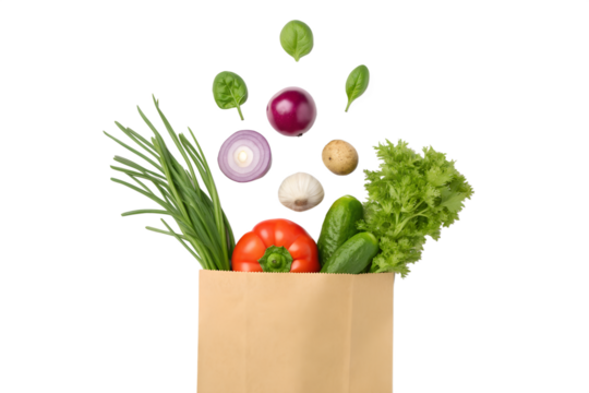 A paper grocery bag overflowing with fresh, vibrant vegetables and fruits, suggesting healthy eating and organic produce from a local market
