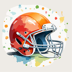 Fototapeta premium Watercolor clipart of a football helmet and ball with bright, bold colors on a white background