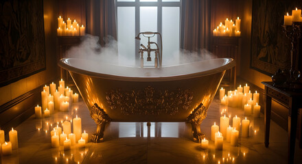 Ornate bathtub filled with steam surrounded by candles in a dimly lit luxurious bathroom