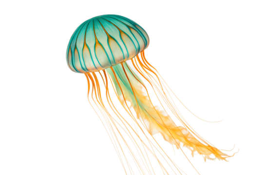 A vibrant Japanese sea nettle jellyfish with striking turquoise and orange stripes gracefully swimming in isolation against a pristine white background