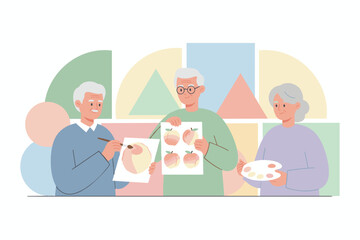 Seniors painting together enjoying creative leisure artistic expression and mental wellbeing