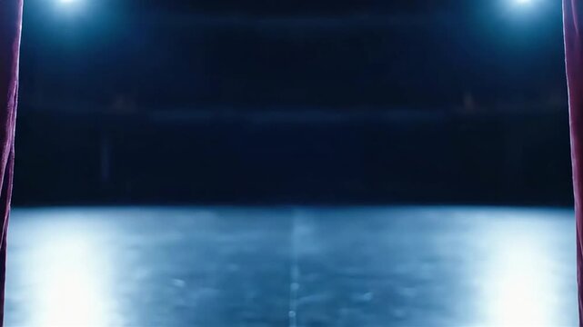 Luxurious red velvet stage curtains opening to reveal a dark empty theater stage illuminated by brilliant spotlights setting the mood for a live show