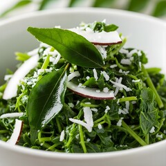 A stunning macro shot of Sri Lankan mallung with grated coconut, gotukola, and curry leaves—bright greens, glossy texture, and elegant modern bowl under natural light.