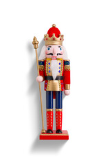 Wooden Nutcracker Soldier dressed in a red and gold uniform isolated on a transparent background,...