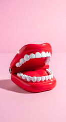 Bright red plastic dental jaw model against pink backdrop Dental medical health