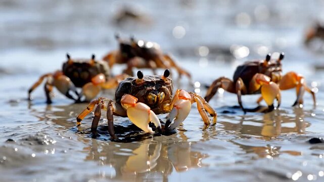 Crabs on the Beach - A Close-Up View of Coastal Life.