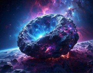 Cosmic rock floating in space, surrounded by nebula and planet