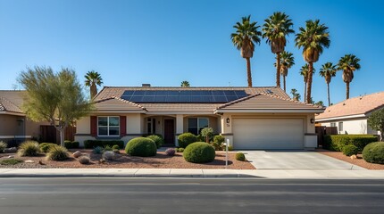 Fototapeta premium A beautiful single family home with solar panels on the roof and lush landscaping under a clear blue sky in a sunny suburban neighborhood
