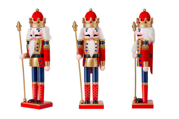Wooden Nutcracker Soldier dressed in a red and gold uniform isolated on a transparent background,...