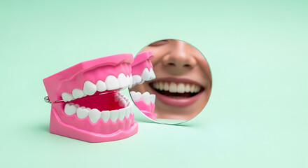 A playful contrast of model teeth and a dazzling human smile in a mirror on a green background
