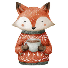 Charming fox in a cozy sweater holding a warm cup in a watercolor style