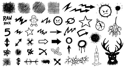Hand-drawn black icons and elements on white background