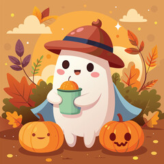 Naklejka premium Adorable halloween ghost character wearing a cozy scarf smiling cheerfully perfect for festive decorations and seasonal designs isolated on white background