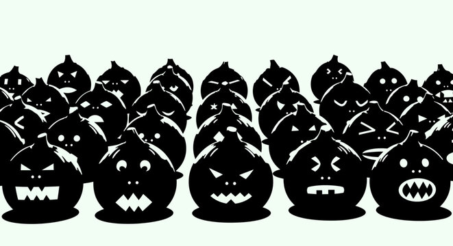 A large group of black cartoon monsters with various angry expressions.