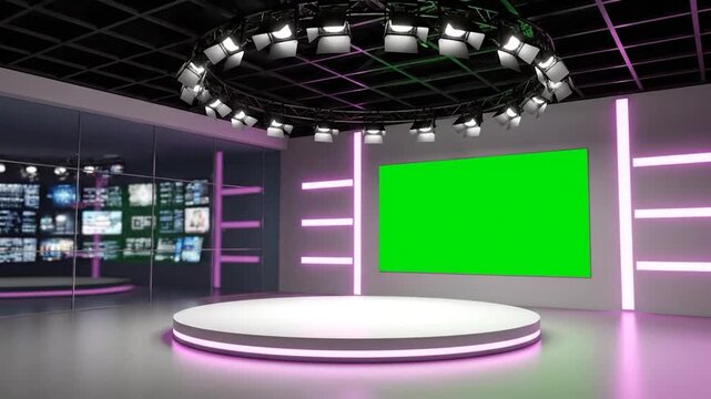 Modern Virtual TV Studio Set with Green Screen and Stage for News Broadcast.