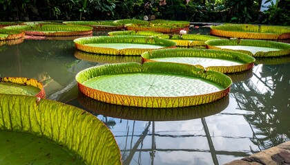 Close-up of giant water lily pads floating on a pond, bright green with yellow/red edges