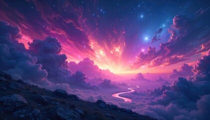 Fototapeta premium Ethereal celestial landscape, swirling nebulae paint the twilight sky with vibrant, otherworldly hues A mystical panorama of cosmic wonder and breathtaking beauty , paradise, clouds, wonder
