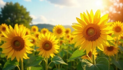 Fototapeta premium A vibrant field of sunflowers basking in golden sunlight, representing joy and carefree bliss The perfect image for themes of summer, optimism, and positive energy , nature, happy
