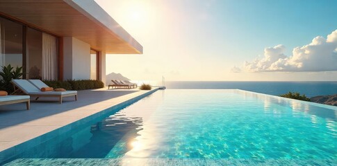 Fototapeta premium Geometric-shaped swimming pool, clean lines, modern design, sun reflecting on the water Perfect for architectural, luxury, or resort marketing , reflection, resort, clean
