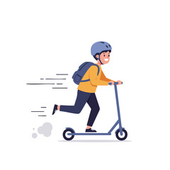 a boy riding a kick scooter, wearing helmet and backpack